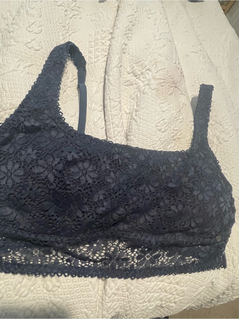 Lucky Brand Navy Blue Floral Lace Bralette Padded Sports bra pullover M